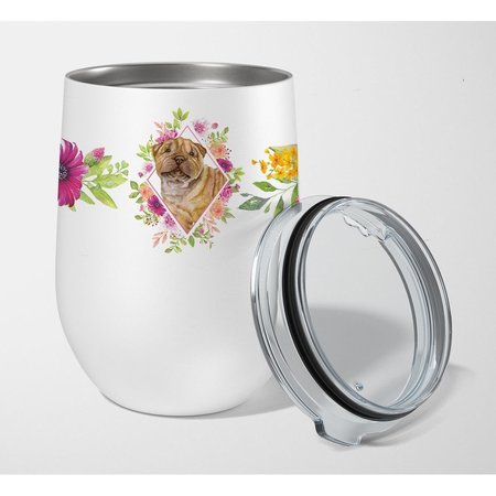 CAROLINES TREASURES 12 oz Shar Pei Pink Flowers Stainless Steel Stemless Wine Glass CK4181TBL12
